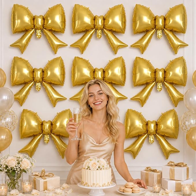 8Pcs Gold Bow Foil Balloons, 21Inch Gold Bow Shaped Balloons - Image 4
