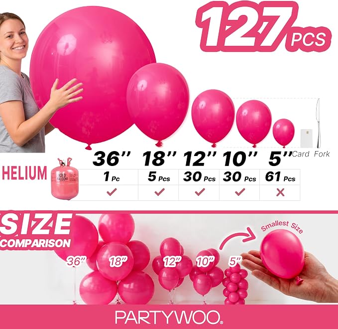 PartyWoo Hot Pink Balloons 127pcs Magenta Fuchsia Color 36 18 12 10 5 Inch | 36 - Image 6
