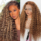 210% Density 13x6 Highlight Ombre Full Lace Frontal Wigs Human Hair 12A Deep Wave Brazilian Human Hair Pre Plucked 4/27 Honey Blonde HD Glueless Transparent Lace 20 Inch