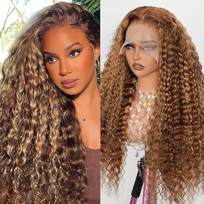 210% Density 13x6 Highlight Ombre Full Lace Frontal Wigs Human Hair 12A Deep Wave Brazilian Human Hair Pre Plucked 4/27 Honey Blonde HD Glueless Transparent Lace 22 Inch