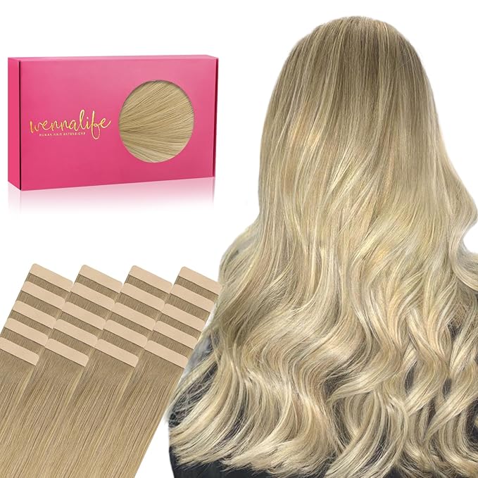 WENNALIFE Tape in Hair Extensions Human Hair, 20pcs 50g 14 inch Balayage Dirty Blonde to White Blonde Remy Hair Extensions Straight Human Hair Tape in Extensions Skin Weft Tape Extensions Human Hair