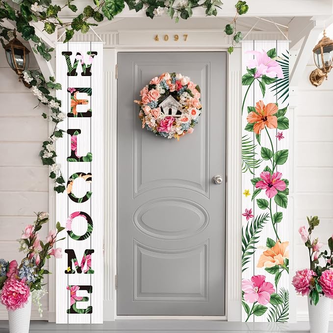 Frienda 2 Pcs Spring Welcome Floral Porch Banners 72"x12" Summer Flower Hanging by Frienda