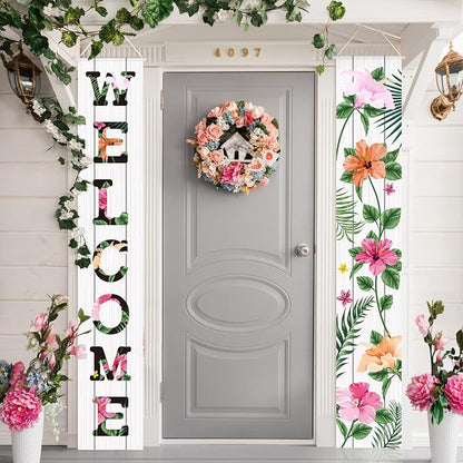 Frienda 2 Pcs Spring Welcome Floral Porch Banners 72"x12" Summer Flower Hanging by Frienda