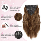 Hair Extensions for Women, 8PCS 16 Inch Curly Light Brown Clip in Hair Extensions Mix Blonde, Synthetic Wavy Full Head Thick Hairpieces for Women