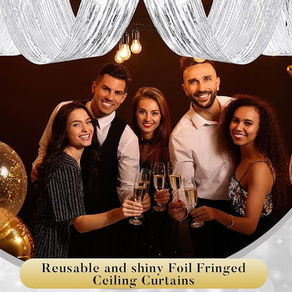 4 Pcs 15ft Silver Metallic Foil Ceiling Fringe Curtains, Party Decor Fringe - Image 6