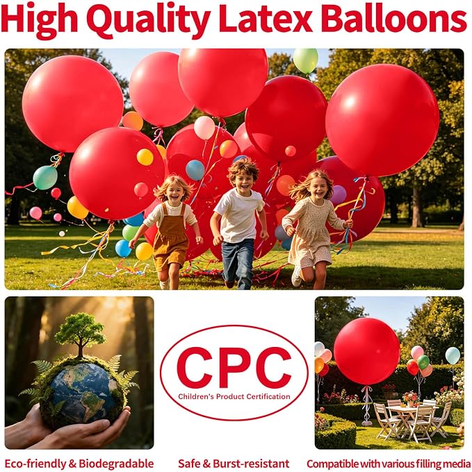 5Pcs Red Big Balloons 36 Inch, Round Large Latex Party Balloons - Image 3