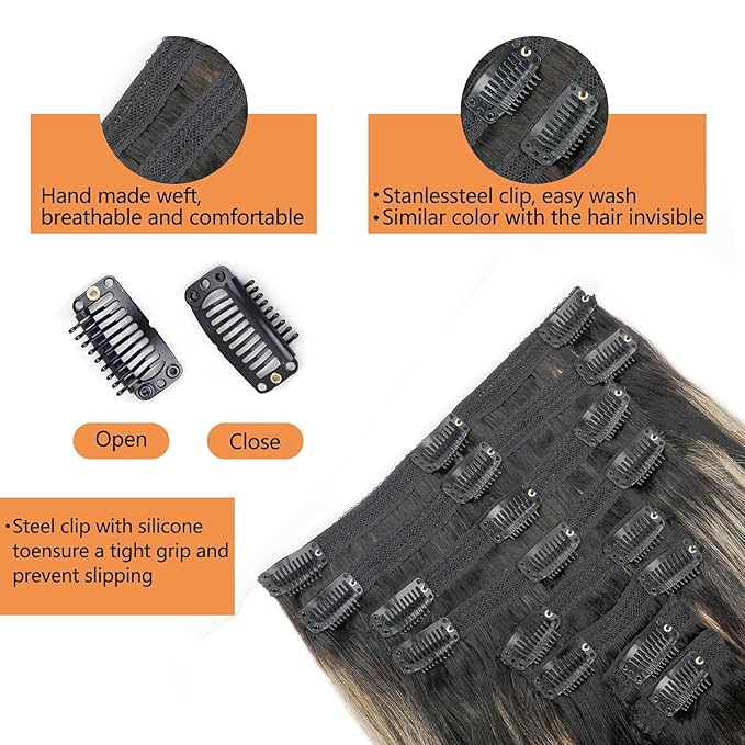 FB27 Balayage Clip In Hair Extensions Real Human Hair Straight Highlight Clip ins for Black Women 8Pcs with 18Clips 120g 22inch #T1B/1B/27 Balayage Black to Blonde