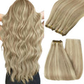 YoungSee Sew in Hair Extensions Real Human Hair Highlight Hair Weft Extensions Dark Ash Blonde Highlighted Light Blonde Soft Human Hair Extensions Sew in for Women 20In 100G