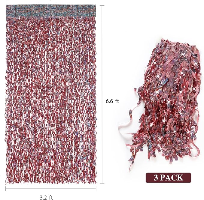 3 Pack 3.3 ft x 6.6 ft Tinsel Curtain -CYLMFC Rose Gold Birthday Backdrop - Image 3