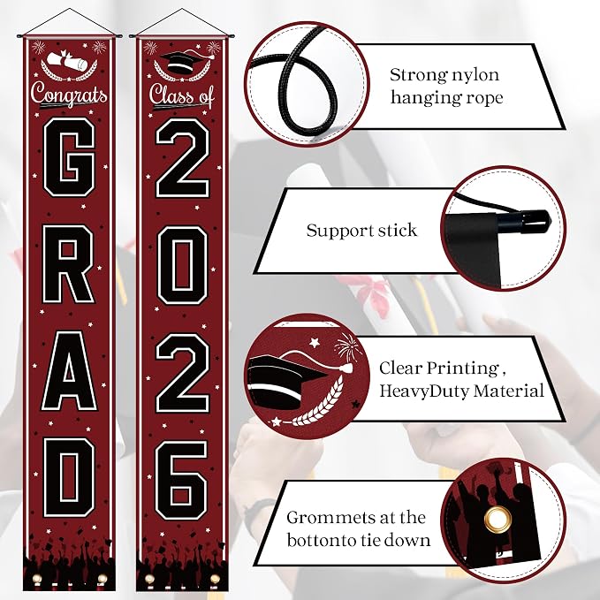 OHOME Graduation Decorations 2026 2027- Maroon Congrats Grad Porch Banner - Image 3