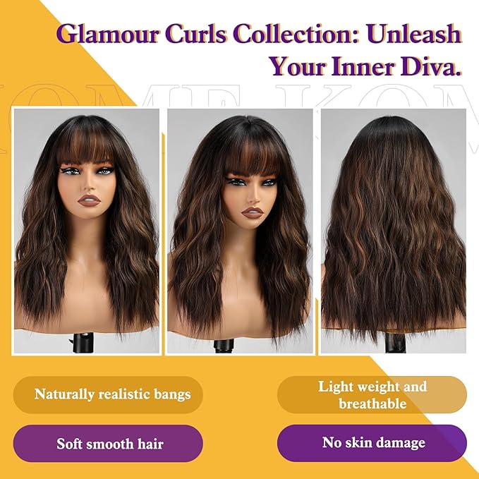 Ombre Brown Wig with Bangs,Black mix Brown Highlight Wavy Wigs for Women,Shoulder Length Curly Synthetic Hair Wig for Party Daily Use 18IN…