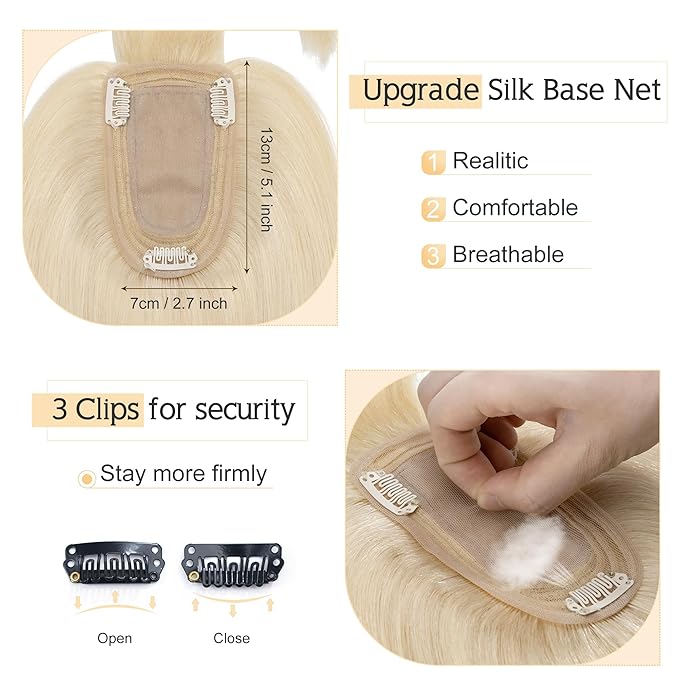 SEGO Hair Toppers for Women Real Human Hair With Bangs, 7 * 13CM Silk Base 100% Remy Human Hair Clip in Top Wiglet Hairpieces Add Volume -12 Inch 60 Platinum Blonde