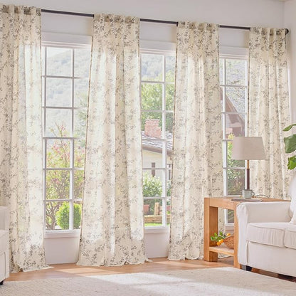 Grey Vintage Floral Linen Curtains Farmhouse 38W X 96L 2 Panels | Elisa Series - Image 6