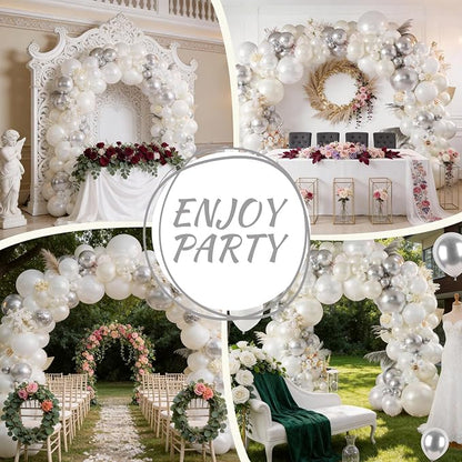 White and Silver Balloon Arch Kit, Double Stuffed Pearl Sand White Metal Silver - Image 5