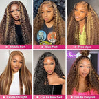Highlight Deep Wave Wig 13x6 Ombre Lace Front Wig Human Hair Honey Blonde HD Lace Front Wigs Human Hair Pre Plucked 200% Density 4/27 Colored Curly Frontal Wigs for Women 24 Inch