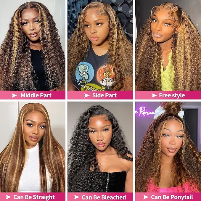 34 Inch Honey Blonde Ombre Highlight Deep Wave Lace Front Wigs Human Hair 200% Density 13x6 HD Transparent Lace Front Wigs Pre Plucked Glueless #4/27 Colored Curly Human Hair Wig for Women