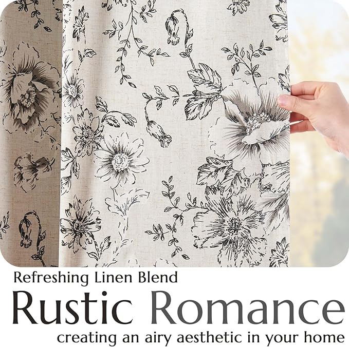 jinchan Black Floral Linen Blackout Curtains 90 Inch Back Tab 2 Panels | - Image 5