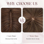 MY-LADY Human Hair Toppers for Women Real Human Hair with Bangs Thin 8.5 * 8.5CM Mono Base Clip in Remy Hairpieces Light Weight 10 Inch Golden Brown Mixed Bleach Blonde