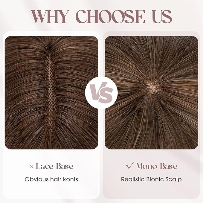 MY-LADY Human Hair Toppers for Women Real Human Hair with Bangs Thin 8.5 * 8.5CM Mono Base Clip in Straight Remy Hairpieces Light Weight 10 Inch Medium Brown Mixed Dark Blonde