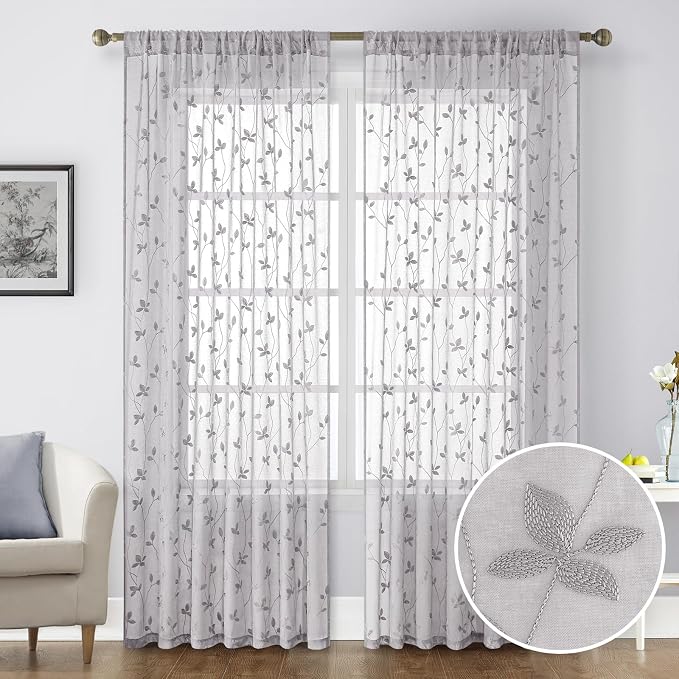 HOMEIDEAS Light Grey Sheer Curtains 2 Panels, Embroidered Vine Leaf, W52xL84 | - Image 9