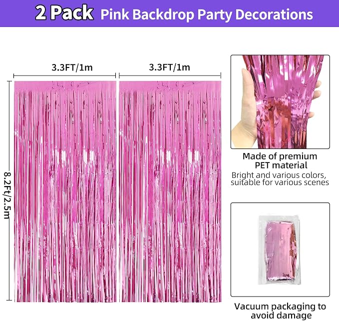 JINSUI Pink Fringe Backdrop 3.3x8.2ft, 2 Pack Foil Tinsel Curtains Decor | - Image 3