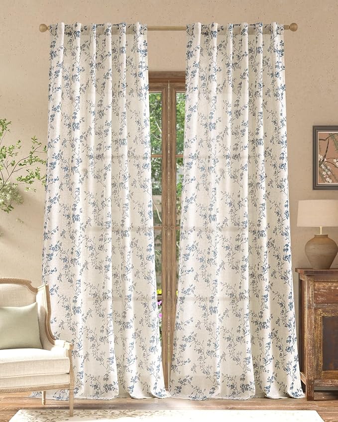 jinchan Blue Floral Linen Curtains 96 Inch French Country Back Tab 2 Panels | by JINCHAN