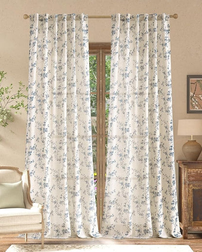 jinchan Blue Floral Linen Curtains 96 Inch French Country Back Tab 2 Panels | by JINCHAN