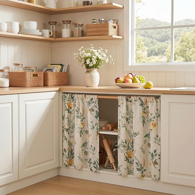 MYSKY HOME Floral Kitchen Curtains 36 Inches Linen Tier Curtains Farmhouse - Image 3