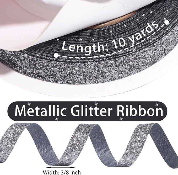 Grey Metallic Glitter Ribbon for Gift Wrapping 3/8in x 10Yds | Cheer Sparkle - Image 3