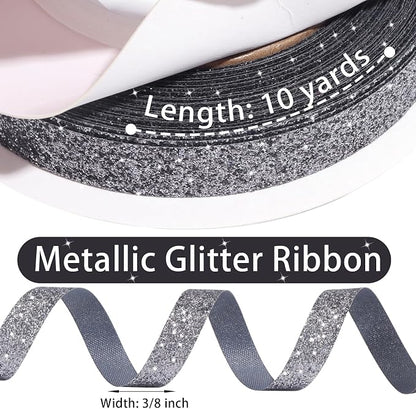 Grey Metallic Glitter Ribbon for Gift Wrapping 3/8in x 10Yds | Cheer Sparkle - Image 3