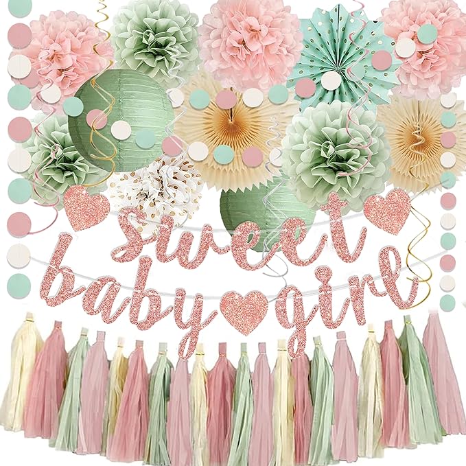 Sage Green and Blush Pink Baby Shower Decorations by IHEPYQ