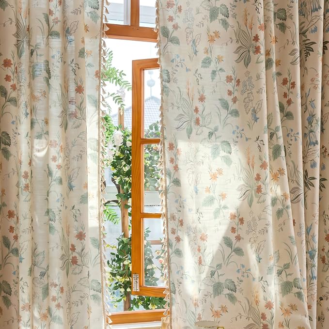 Bedroom Floral Rod Pocket Semi Sheer Curtains 84 Inch Length 2 Panels Set | - Image 5
