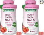 Nature's Bounty Optimal Solutions Hair, Skin and Nails Pectin Gummies, 2500 mcg Biotin Per Serving, No Stick Gummy, Vegetarian Formula, Strawberry Flavor, 200 Count, 100 Total Servings (Pack of 2)