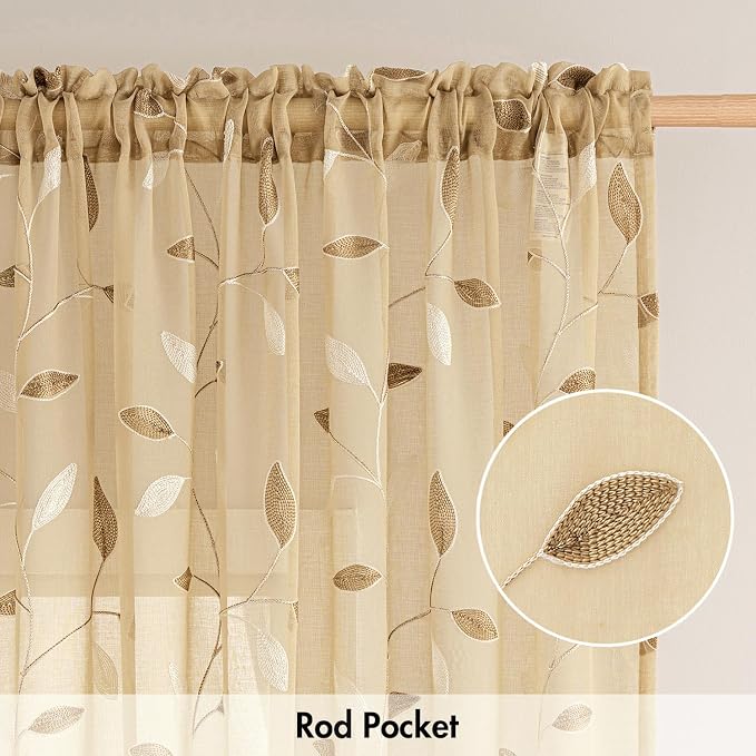 MIULEE Khaki Sheer Curtains 2 Panels Embroidered Leaf Patterned, W52 x L45 | - Image 6