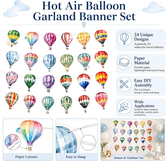 4 Packs Hot Air Balloon Theme Garland Banner Set – Watercolor Balloon Party - Image 3
