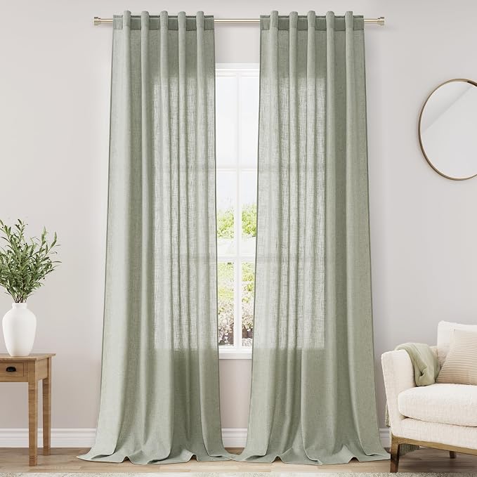 Sage Green Linen Textured 96 Inch Curtains 2 Panel Set Back Tab Rod Pocket by Nanspring