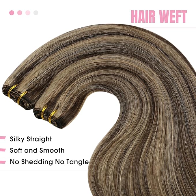 YoungSee 100G Weft Hair Extensions Dark Brown Highlight with Caramel Blonde Sew in Hair Extensions Real Human Hair Short Straight Hair Extension Weft for Women 14inch