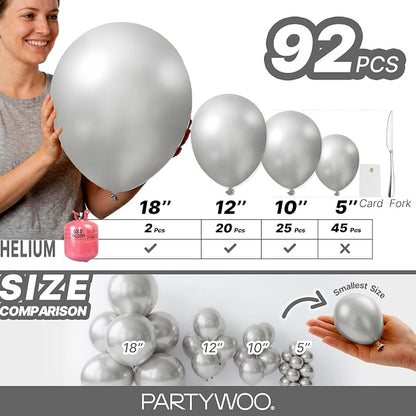 PartyWoo Silver Balloons 92pcs Different Sizes of 18 12 10 5 Inch | Balloons - Image 6
