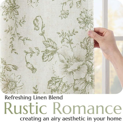 jinchan Green Floral Linen Blackout Curtains 63 Inch Back Tab 2 Panels | - Image 5