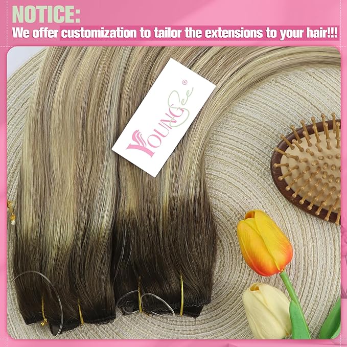 YoungSee 100G Wire Hair Extensions Real Human Hair Brown Balayage Wire Human Hair Extensions Walnut to Light Brown with Blonde Fish Line Hair Extension for Women 20inch