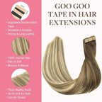 GOO GOO Tape in Hair Extensions Human Hair, 3/8/613 Walnut Brown to Ash Brown and Bleach Blonde, 18inch 100g 40pcs, Skin Weft Seamless Invisible, Silky Straight with Thick Ends, Remy Human Hair