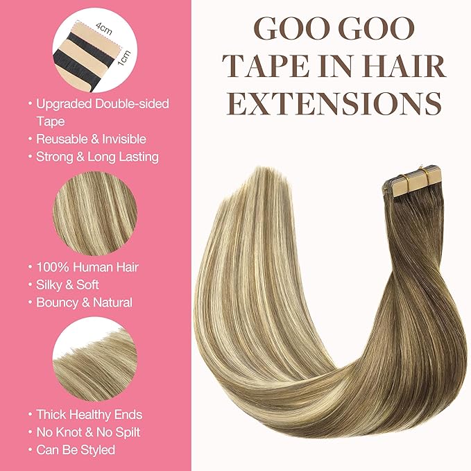 GOO GOO Tape in Hair Extensions Human Hair, 3/8/613 Walnut Brown to Ash Brown and Bleach Blonde, 16inch 100g 40pcs, Skin Weft Seamless Invisible, Silky Straight with Thick Ends, Remy Human Hair