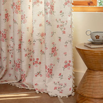 ENJOYBRIDAL Pink Floral Curtains 84 Inches Long 2 Panels Boho Tassel Drapes - Image 6