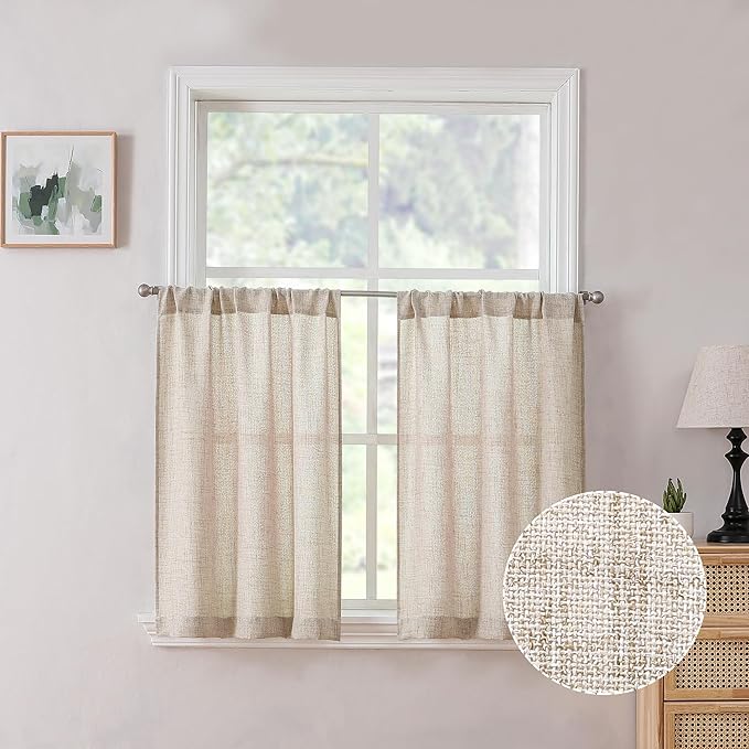 Tollpiz Linen Tier Curtain Rod Pocket Semi Sheer Half Kitchen Curtains Burlap by Tollpiz