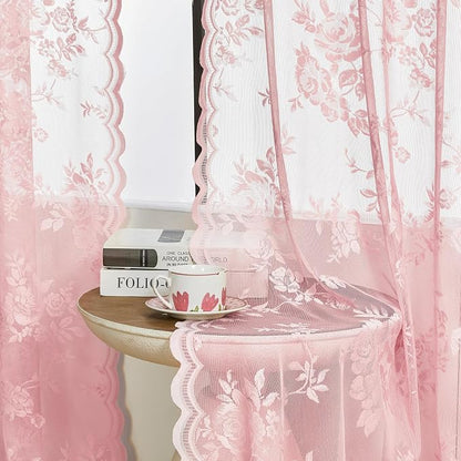 Baby Pink Lace Curtains 45 Inch Length 2 Panels set Romantic Flower Sheer - Image 3