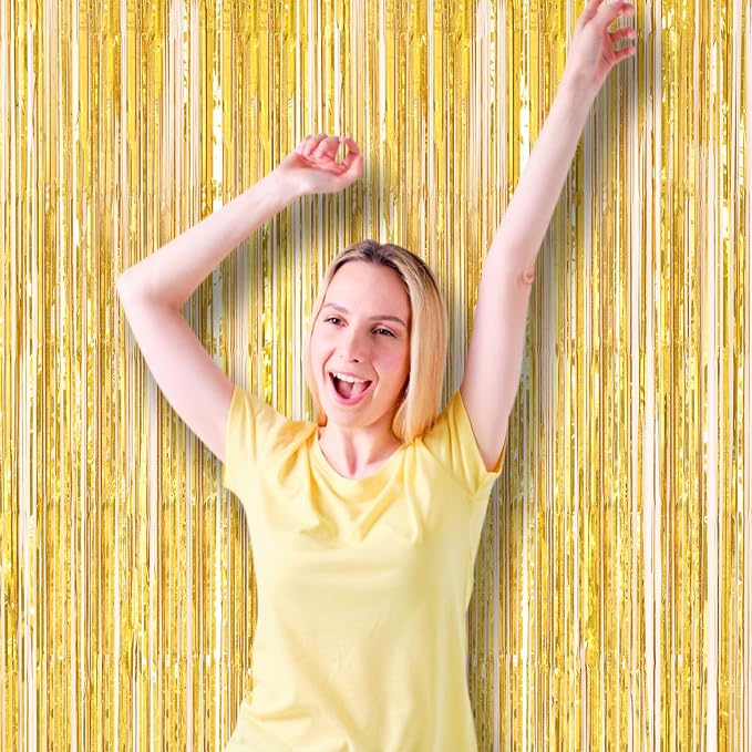 Voircoloria Laser Gold Foil Fringe Backdrop Curtains, 3 Pack | Tinsel Streamers - Image 8