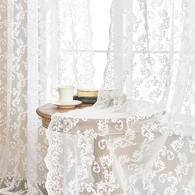 FOLKSIDE White Lace Curtains 90 Inches Long 2 Panels Paisley Floral Sheer - Image 4