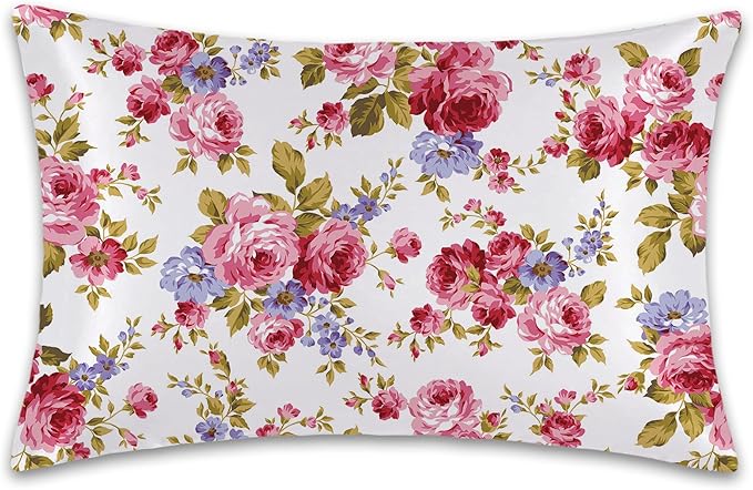 Satin Pillowcase 1 Pack-Rose Flower Floral Silky Pillow Cover for Hair and Skin,King Size 20x36 Inch Soft Cooling Printed Pillow Cases with Hidden Zipper,Gifts for Women Men