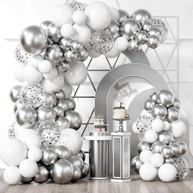 White Silver Balloon Garland Arch Kit 100PCS | Chrome Silver Confetti Balloons by Bezente