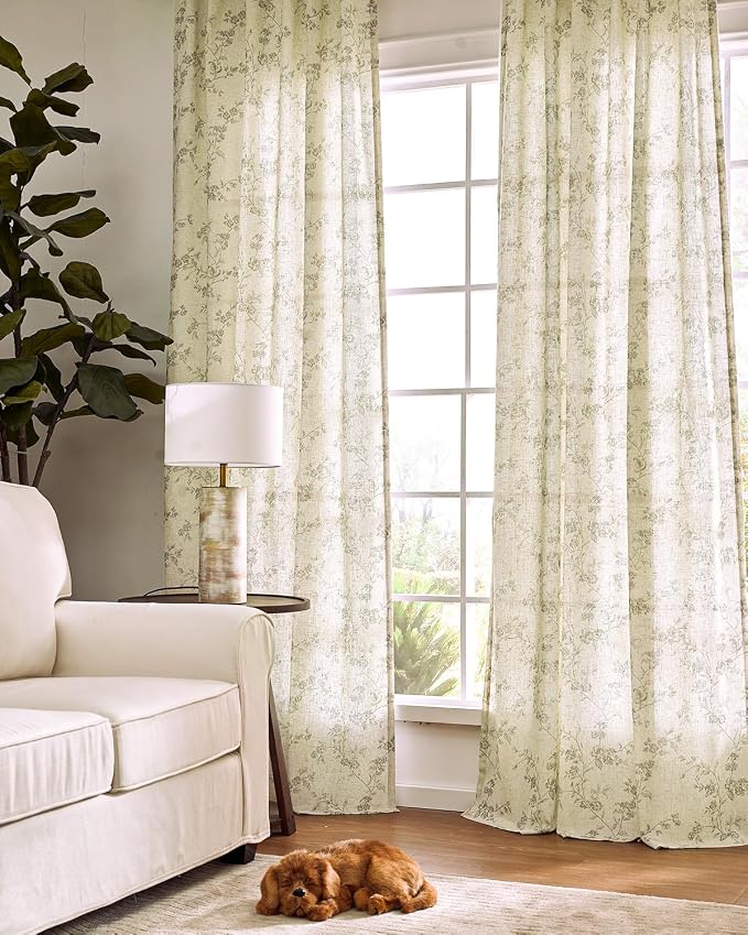 jinchan Green Floral Linen Curtains 63 Inch Farmhouse Back Tab 2 Panels | - Image 6